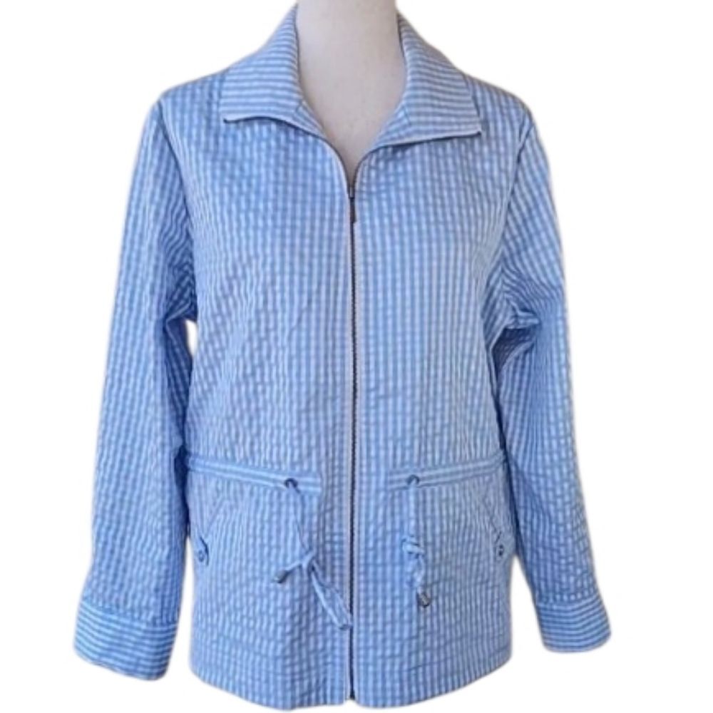 CHICO'S Anorak Seersucker Jacket Cotton 3/4 Length Sleeves Blue White Size L
